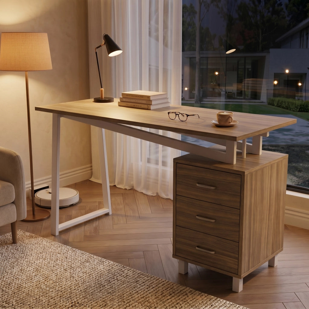 Scrivania con Cassetti e Ripiani in MDF ¨C MINIMAL ¨C Legno Naturale e Bianco 130x55x75