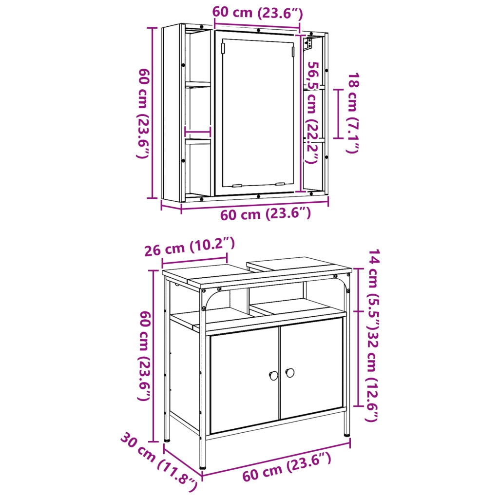 Set di Mobili da Bagno 2 Pezzi in Legno Vecchio in Legno Ingegnerizzato