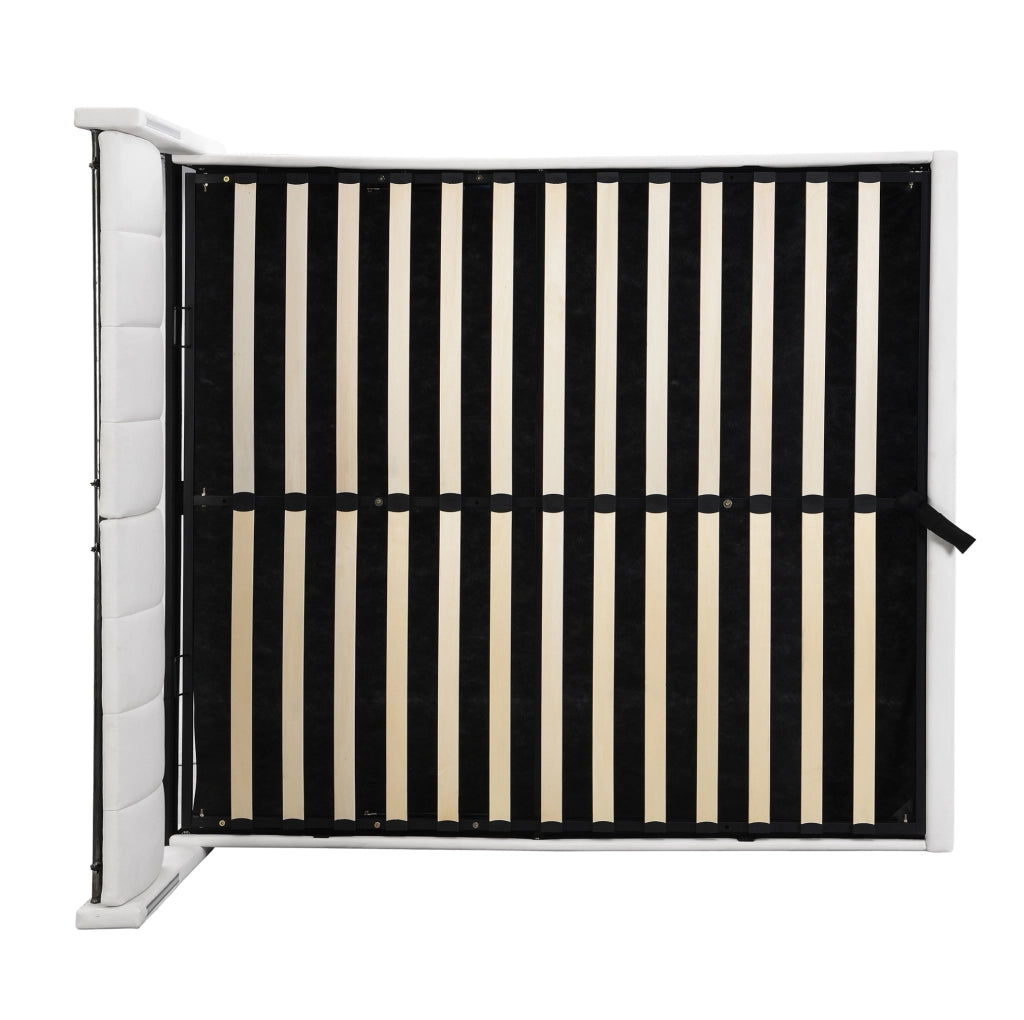 Letto imbottito 180x200 cm con LED; USB-C; contenitore e rete a doghe; testiera regolabile; PU bianco