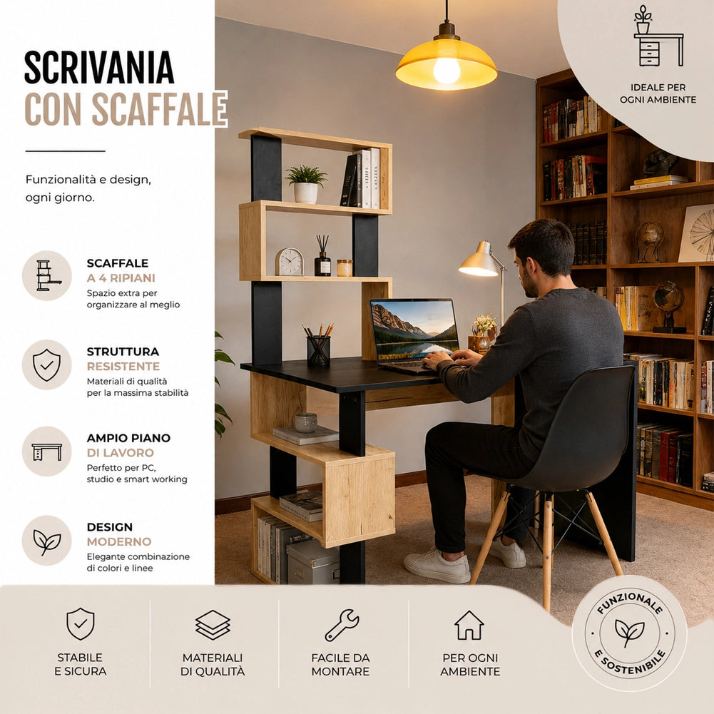 Scrivania con Libreria 120x60x148 cm Ripiani con Struttura Geometrica in Legno Nero e Quercia