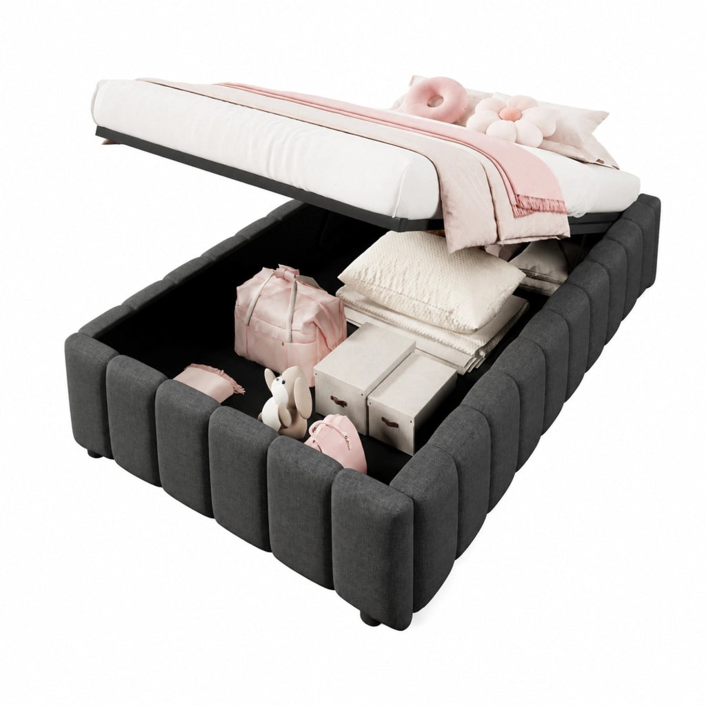 Letto imbottito 90x200 cm in lino con contenitore idraulico; senza testiera; grigio