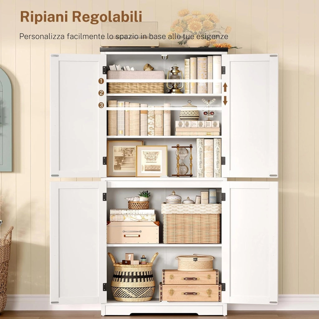 Credenza Cucina, Mobile Cucina con 4 Ante e Ripiani Regolabili, Dispensa Cucina con Maniglie Nere, per Soggiorno e Sala da Pranzo, Bianco – 60x30x148 cm