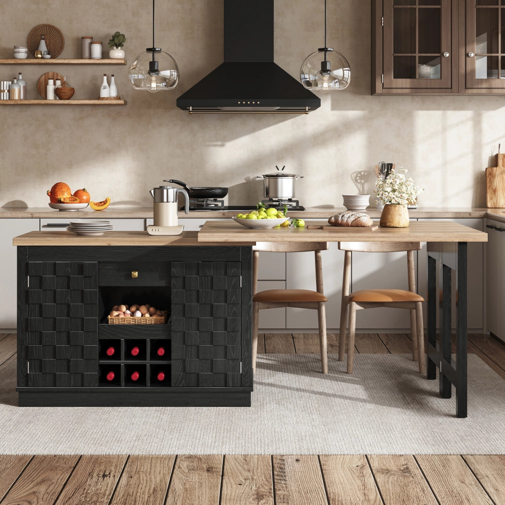 Credenza da cucina girevole a 360° con 2 piani; ante patchwork; 1 cassetto; portabottiglie estraibile; per cucina; MDF nero; 120 × 40 × 74.2 cm