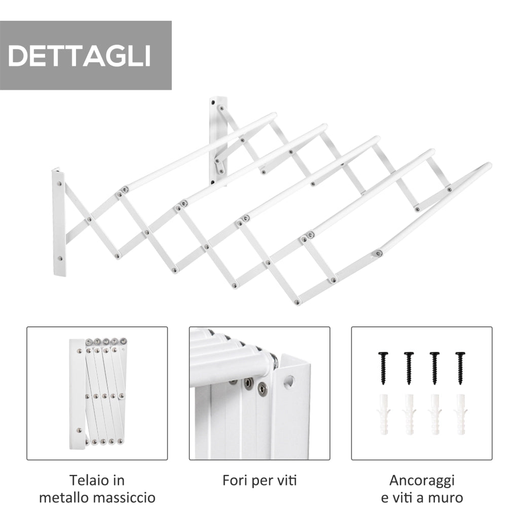 Stendibiancheria a Parete Retrattile 63,5x60x20 cm per Interni ed Esterni in Metallo Bianco