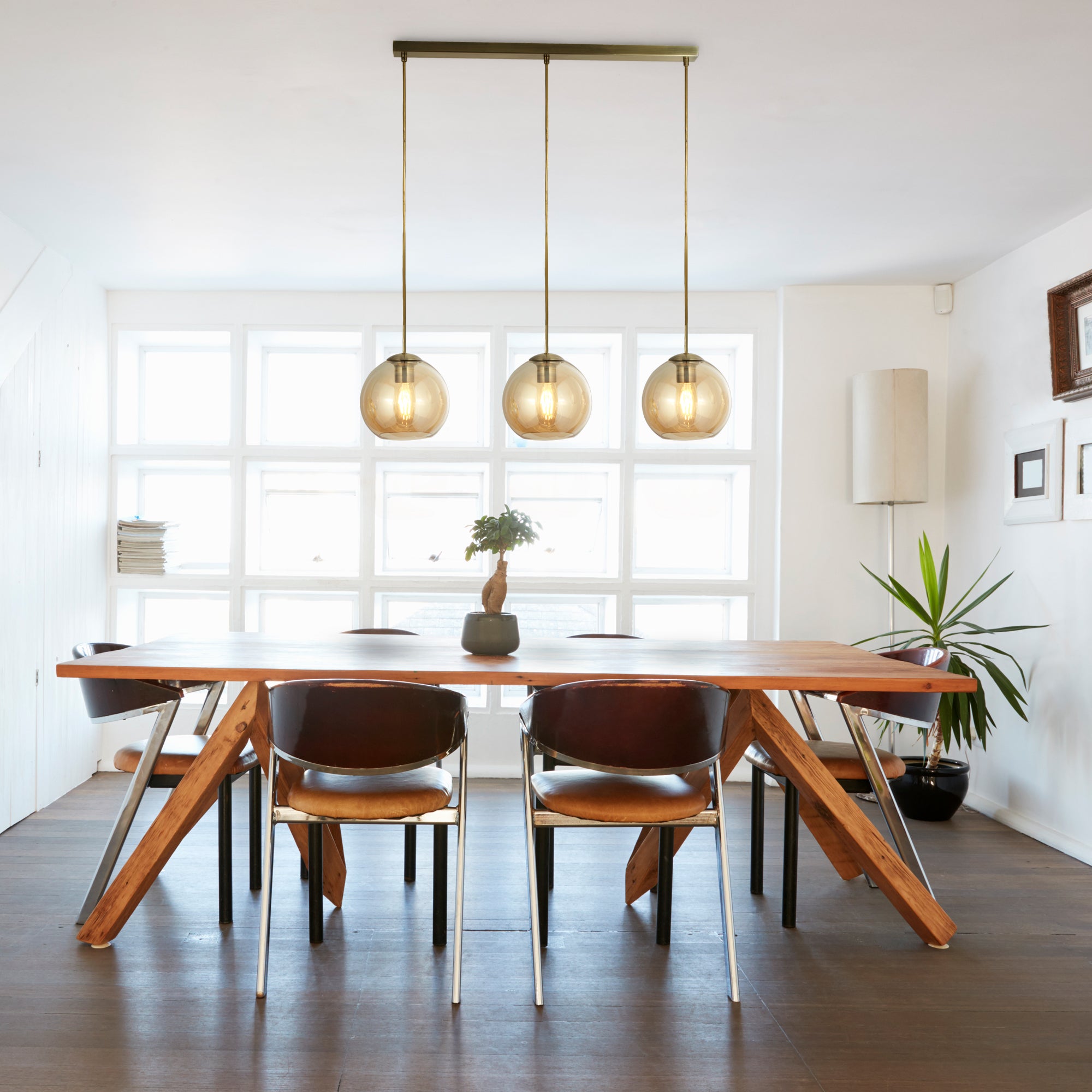 Lampadario Contemporaneo Balls Acciaio Adjustable Vetro Ambra 3 Luci E27