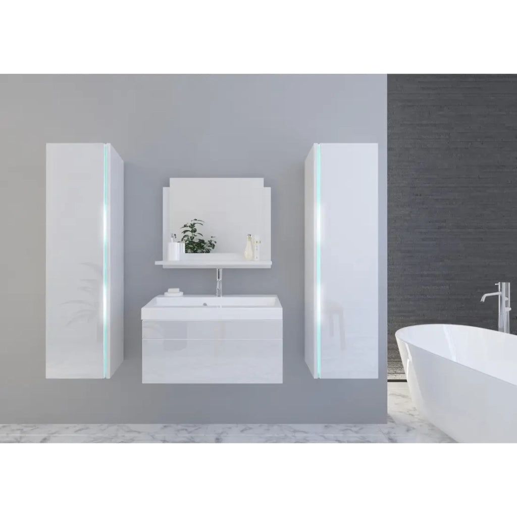 Set di mobili da bagno bianchi collezione BIRD. 2 colonne, mobile sottolavabo, lavabo.