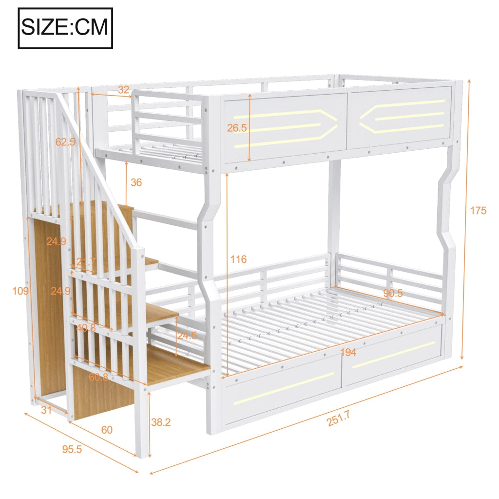 Letto a castello 90x200 cm con scala contenitore; LED e struttura in metallo; bianco