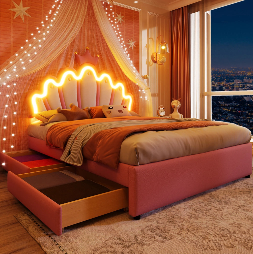 Letto imbottito per bambini 140x200 cm rosa con LED e cassetti