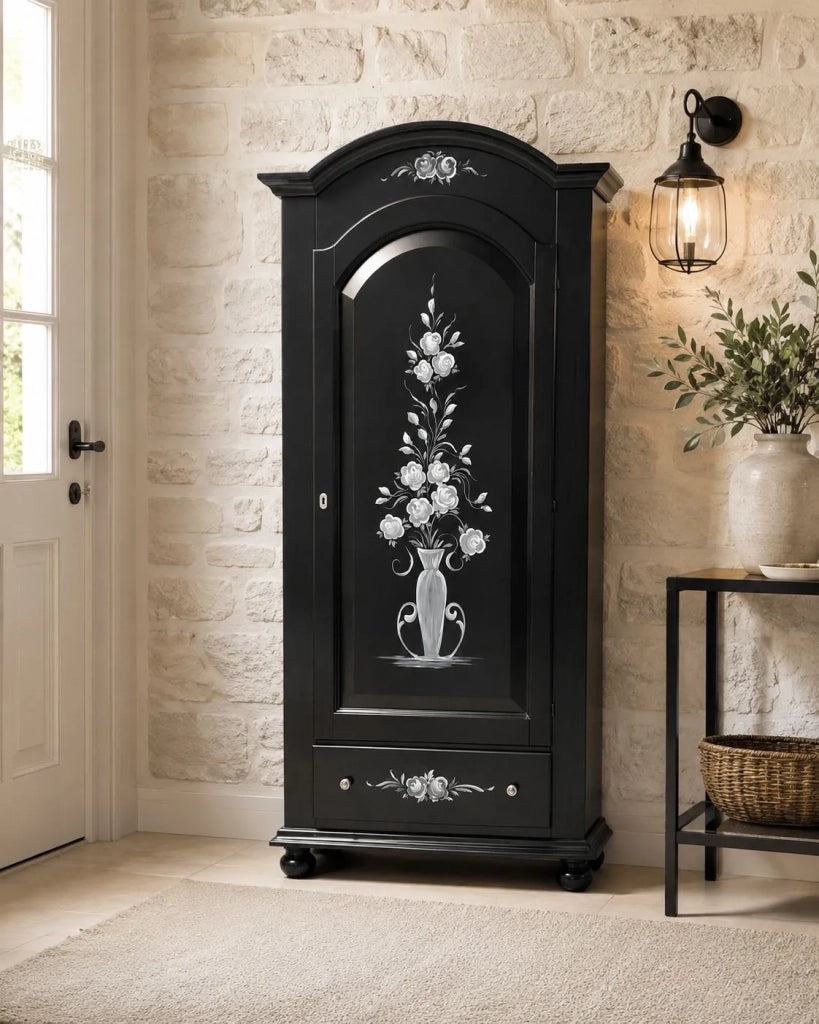 Armadio shabby chic 1 porta legno nero opaco decori floreali 96x56x196 - Mobili 2G
