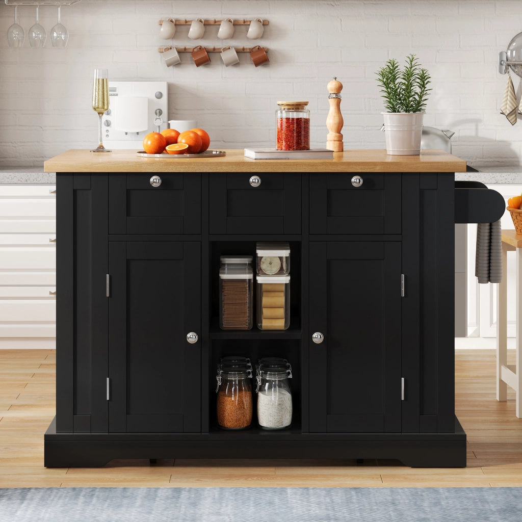 Carrello da Cucina con 3 Cassetti; 2 Ante; Ripiani Aperti; Presa e Portasciugamani; Cucina; in MDF; 132x40x87 cm; Naturale e Nero
