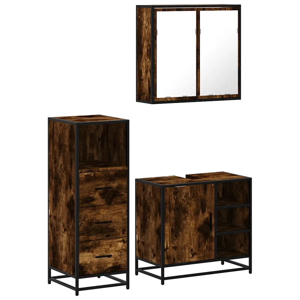 Set Mobili da Bagno 3 pz Rovere Fumo in Legno Multistrato