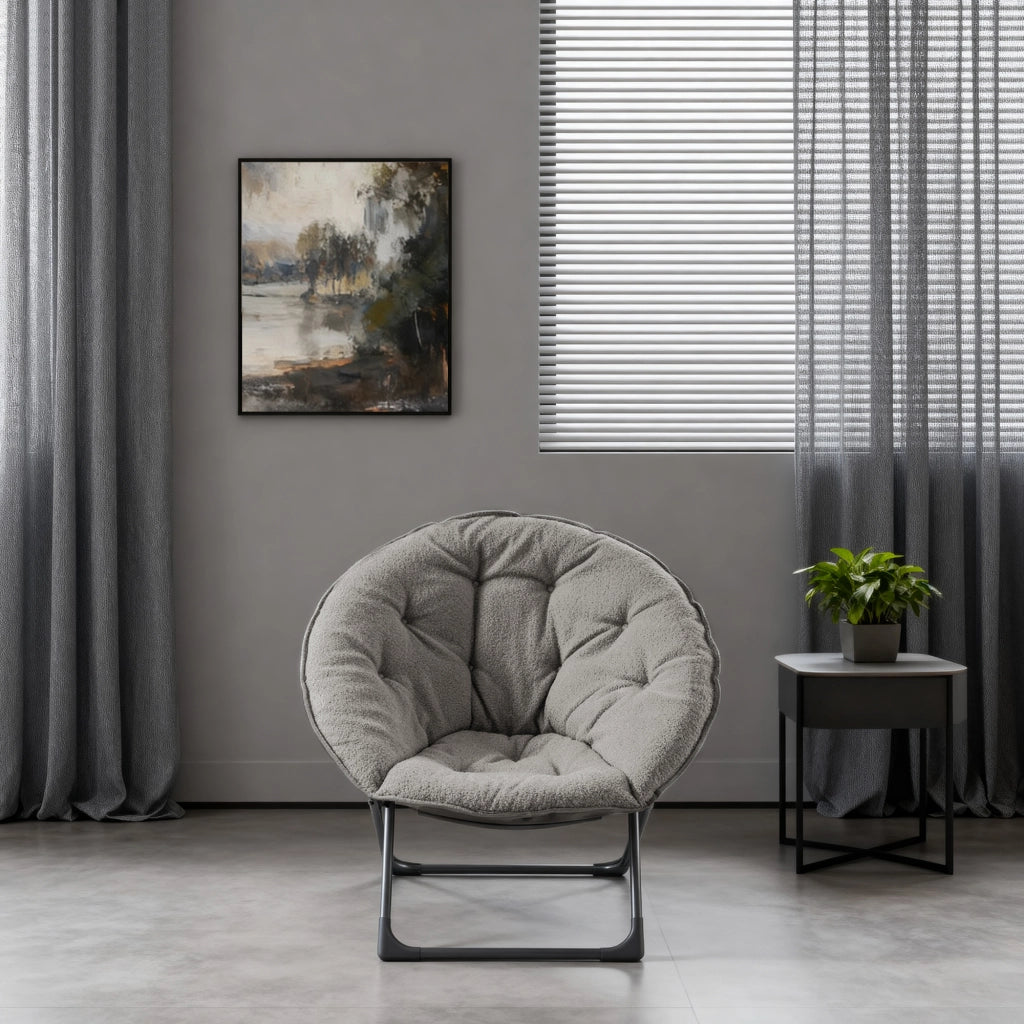 Poltrona Pieghevole Tonda ¨C MINIMAL ¨C Grigio, Tessuto Morbido, Sedia Relax per Camera
