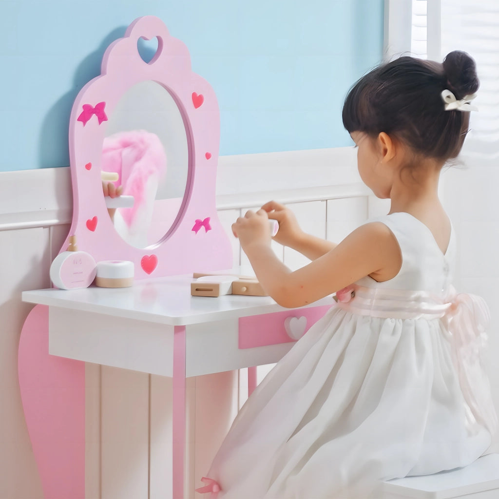 Set Tavolo Trucco con Sgabello, Specchio e Cassetto per Bambini ¨C Zephmum ¨C Bianco e Rosa, MDF