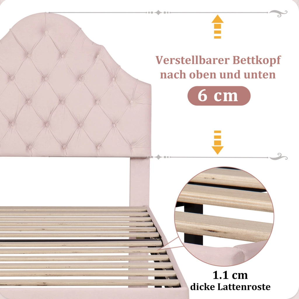 Letto imbottito 90x200 cm in velluto rosa con testiera regolabile e rete a doghe