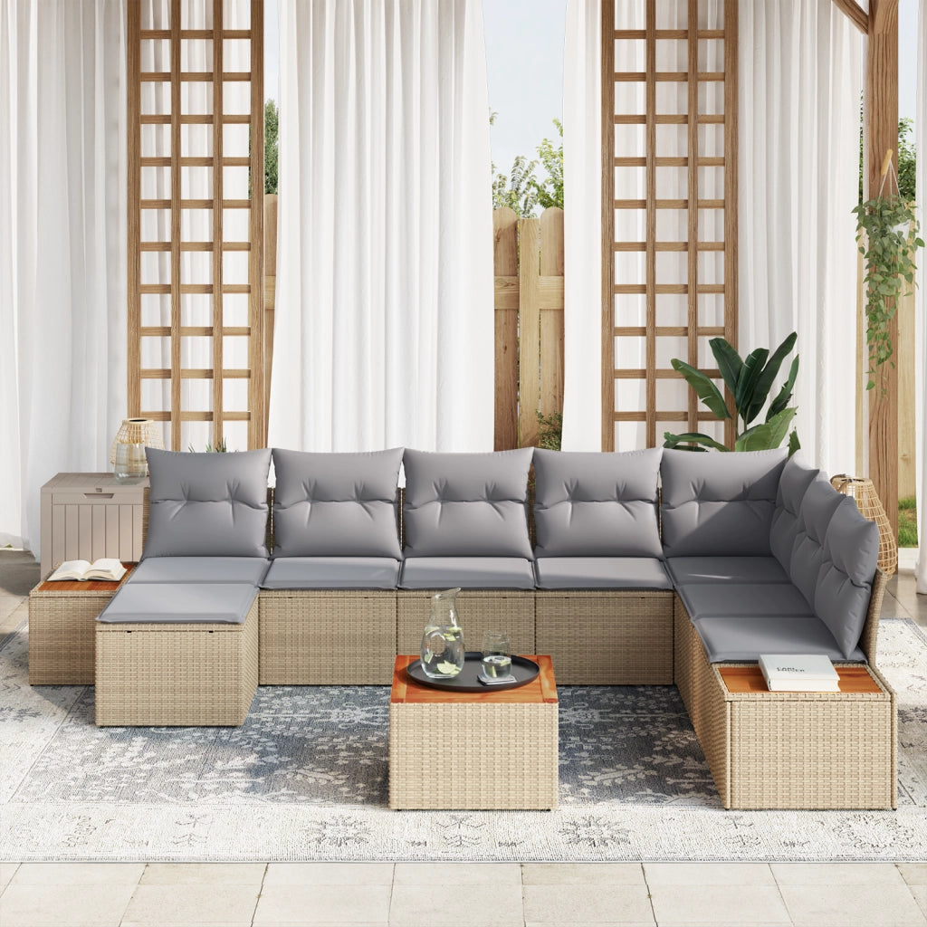 Set Divano da Giardino 9 Pezzi con Cuscini Beige Polyrattan Acacia