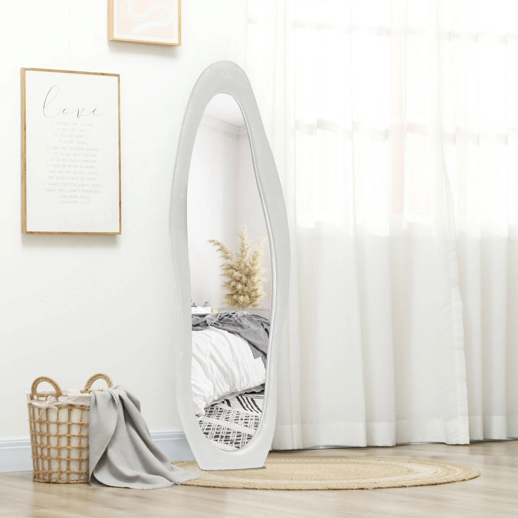 Specchio a Figura Intera con Cornice Ondulata in Velluto, Specchio da Terra e da Parete, 160x50 cm, Bianco