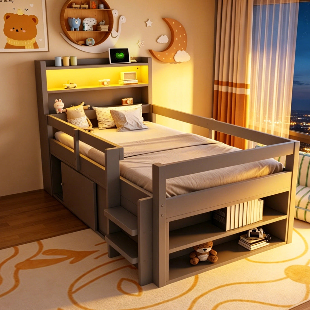Letto a soppalco 90×200 cm; letto singolo con ripiani; LED; USB e sponde; senza materasso; legno; grigio