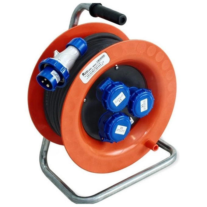 ROSI 4002 Avvolgicavo Industriale 30m 3x2,5 mm² 3 Prese CEE 16A IP67 con Disgiuntore Termico colore Rosso