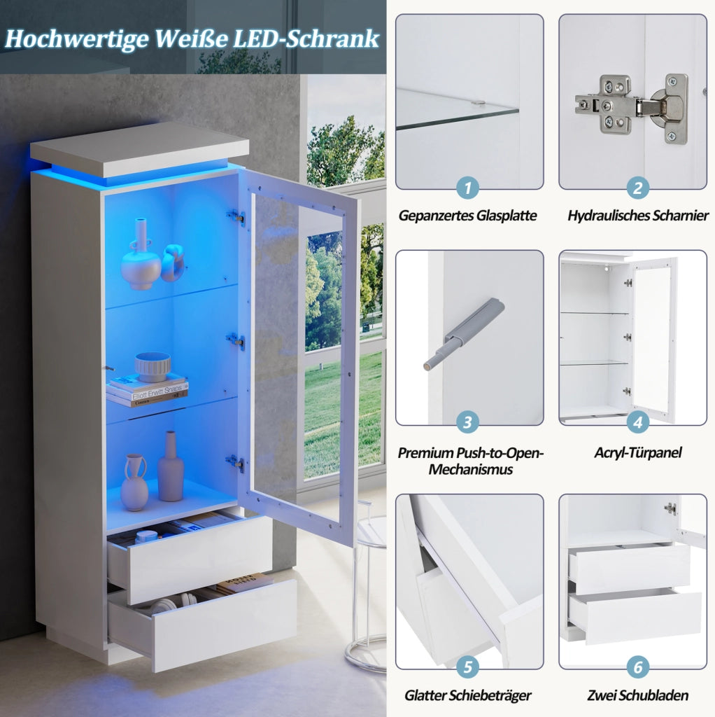 Vetrina alta bianca lucida con LED, 2 cassetti e anta trasparente, 60×40×171 cm