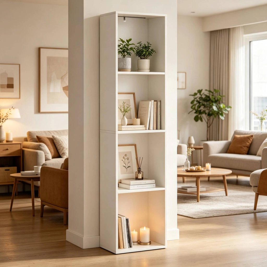 Libreria verticale bianca 40x29x170 cm con illuminazione RGB， 4 scomparti