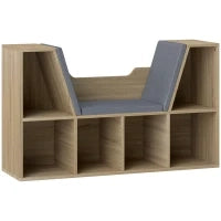 Libreria Panca 2 in 1, Design Contemporaneo, 6 Scomparti, 3 Cuscini Inclusi, 102L x 30l x 61H cm, Rovere e Grigio