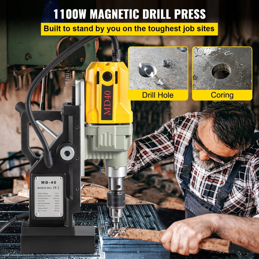 Trapano magnetico elettrico 1100W 220V, carotatrice industriale 12000N con 12 punte, diametro 40 mm, corsa 150 mm, portatile per officina