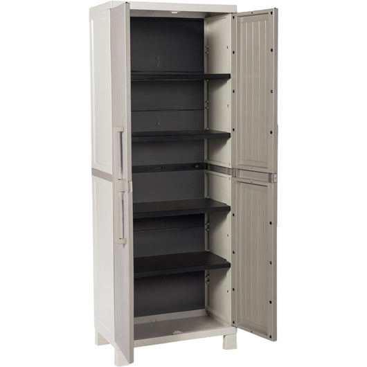 Armadio Wood Midi tuttopiani con 4 Ripiani, in plastica da Interni ed esterni, colore Grigio Tortora/Grigio Chiaro, dime