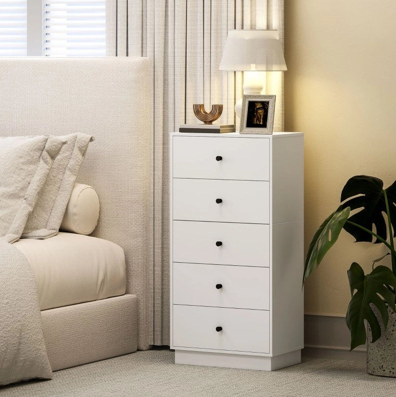Commode 5 Tiroirs Blanc 47x29x95 cm - Meuble Rangement Salon Chambre Polyvalent