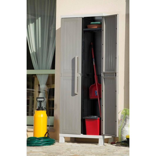 armadio Wood Midi Portascope con 4 ripiani Interni, in plastica da Interni ed esterni, colore grigio tortora/grigio chia