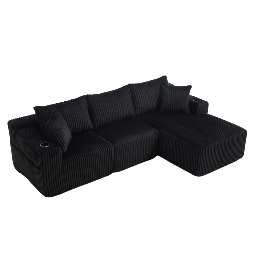 Divano modulare con chaise longue e 2 posti con 5 cuscini, tasche laterali e portabicchieri in velluto nero