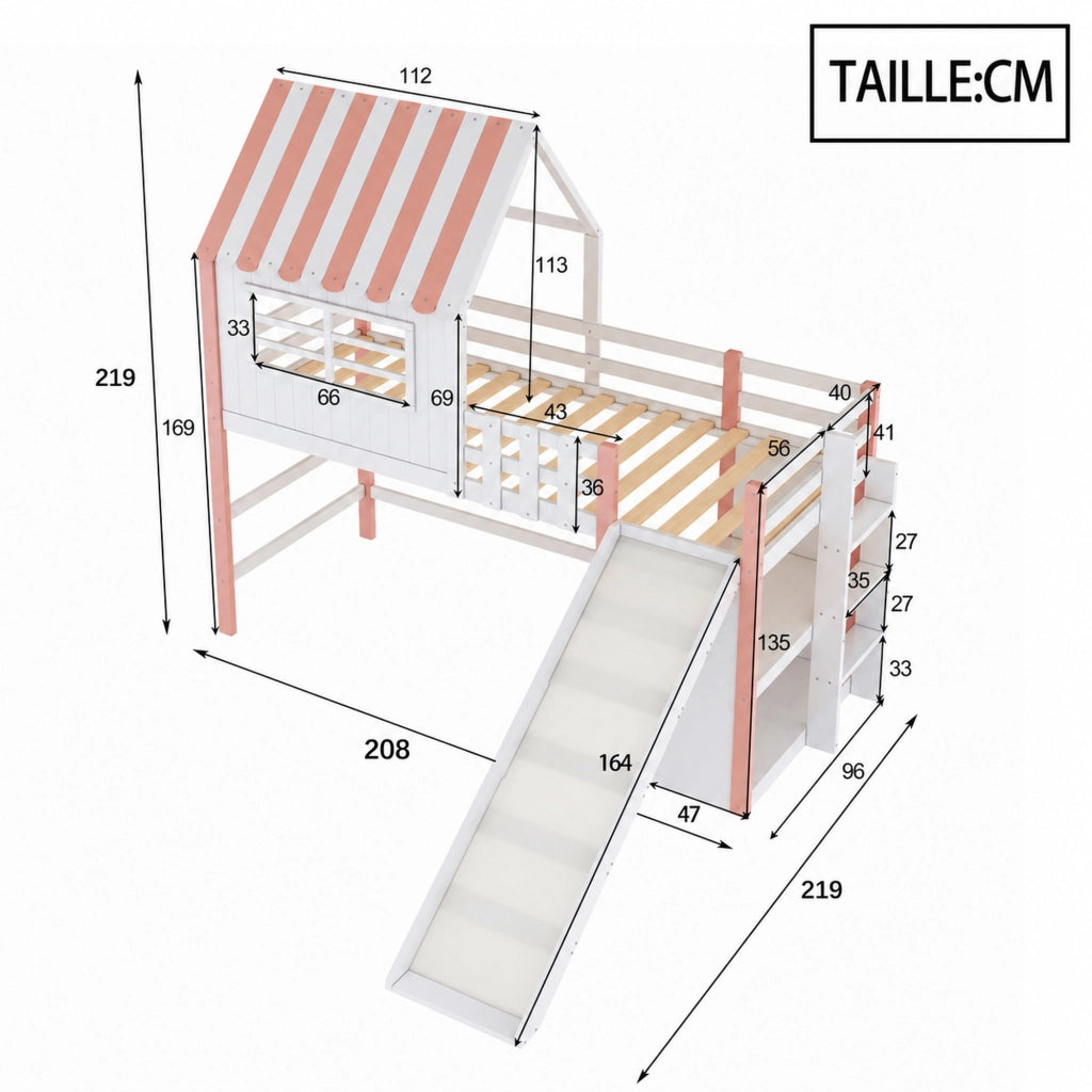 DESMIU Letto a soppalco per bambini 1 posto con scivolo, scala e ripiani 90 × 200 cm, senza materasso