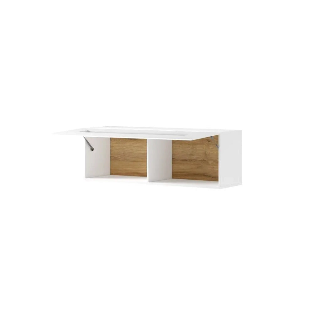 Vetrina sospesa orizzontale collezione OHIO colore bianco e finiture in rovere.