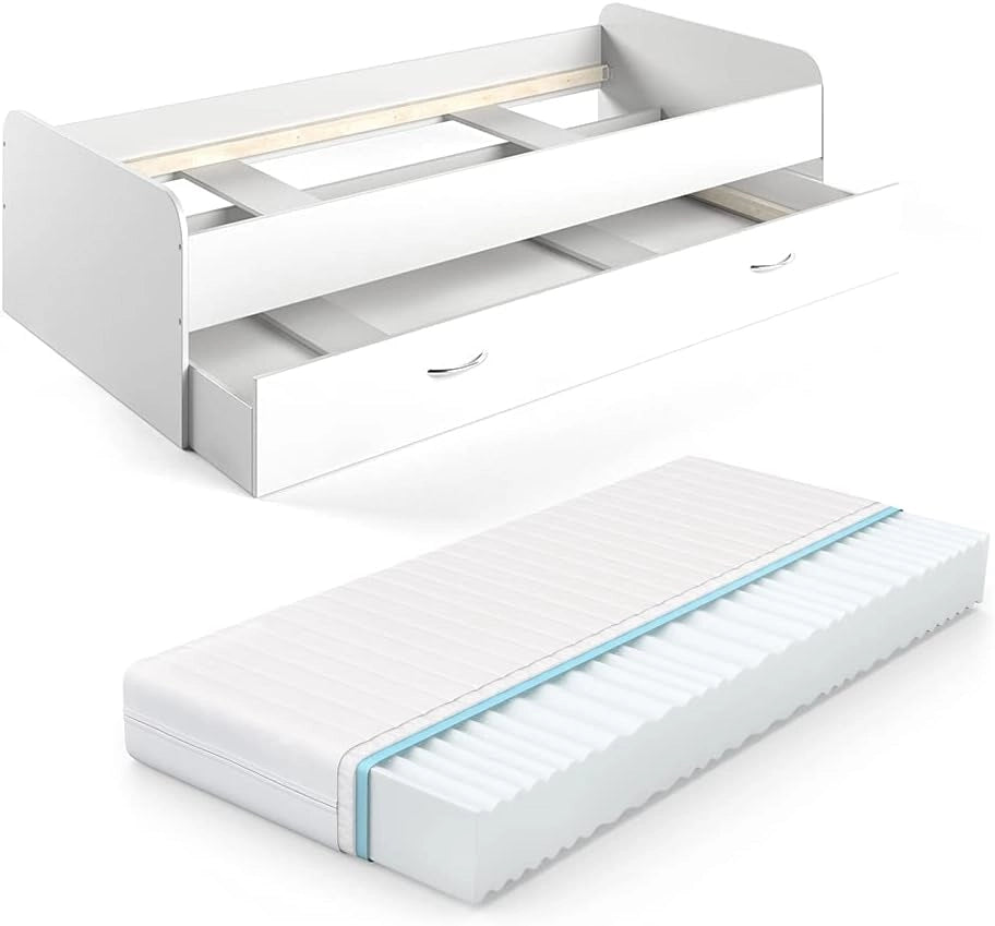 Letto per bambini Enzo, Bianco, 90x200 cm, estendibile su entrambi i lati come letto aggiuntivo per adolescenti