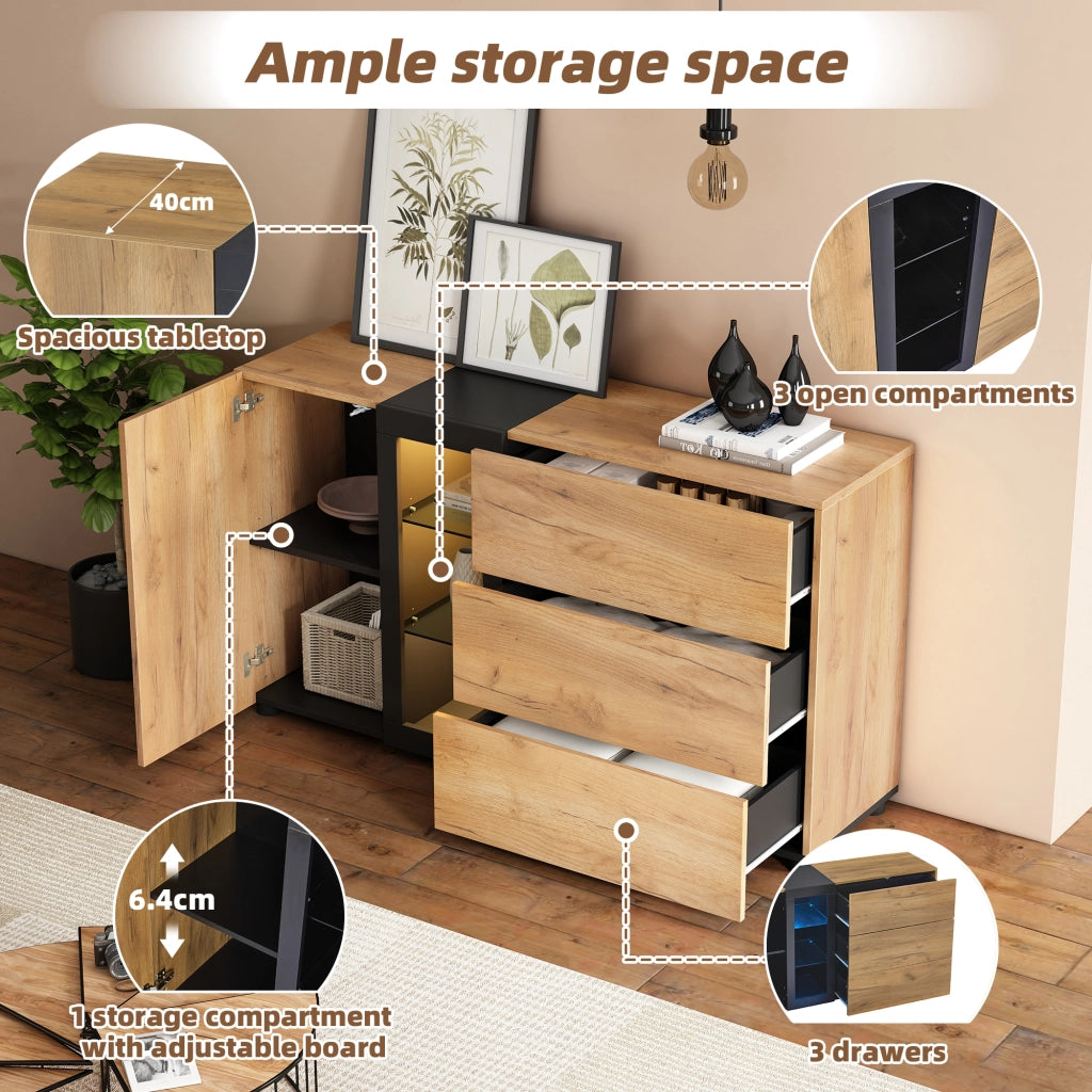 Credenza con 3 cassetti; 1 anta e LED APP - per soggiorno - 140×40×80 cm