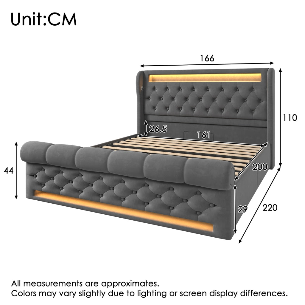Letto matrimoniale imbottito 160x200 cm in velluto grigio con LED; USB; USB-C e materasso