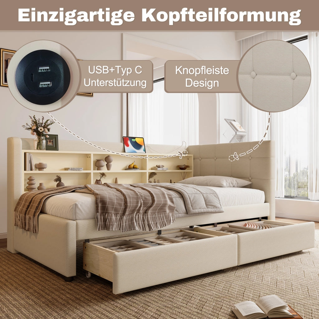 OKWISH Letto Divano 90×200 cm, Letto Singolo con 2 Cassetti, USB, Tipo C e Mensole, senza Materasso, in Lino, Beige