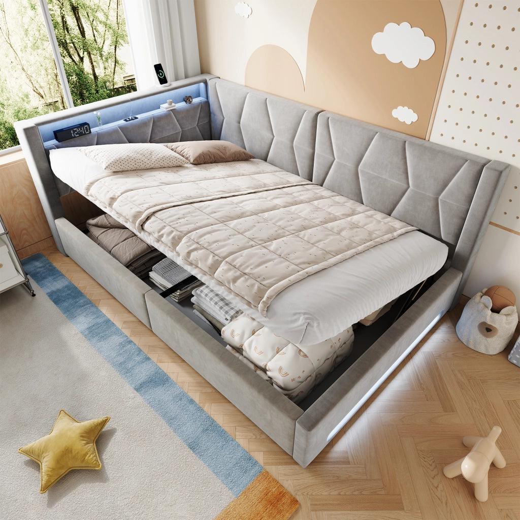 Letto Contenitore 140 x 200 cm; Letto Matrimoniale - USB e LED - Velluto - Grigio Scuro