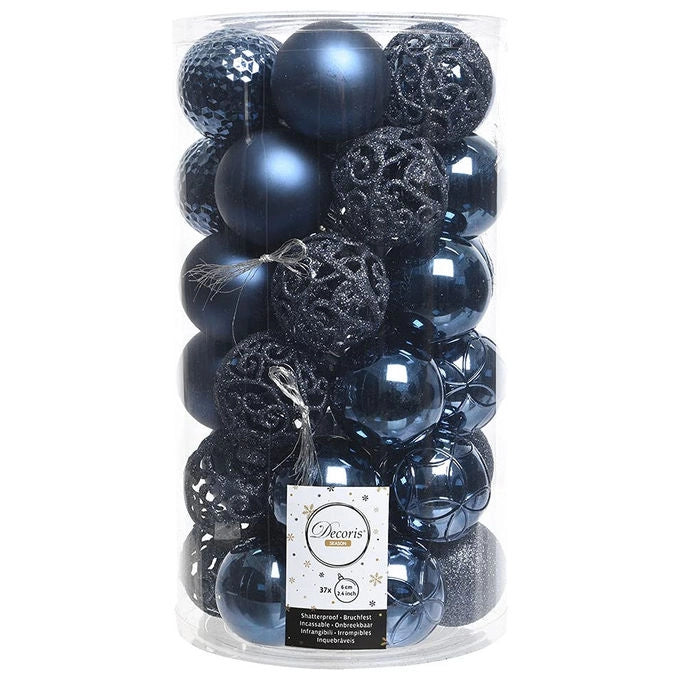 AMICASA 020810 Set 37 Palline di Natale Infrangibili in Plastica Mix Lucide Opache e Glitterate 6 cm colore Blu Notte