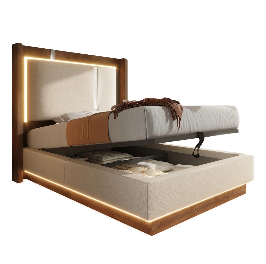 Letto singolo 90x200 cm in lino beige con LED; contenitore con alzata idraulica e rete a doghe