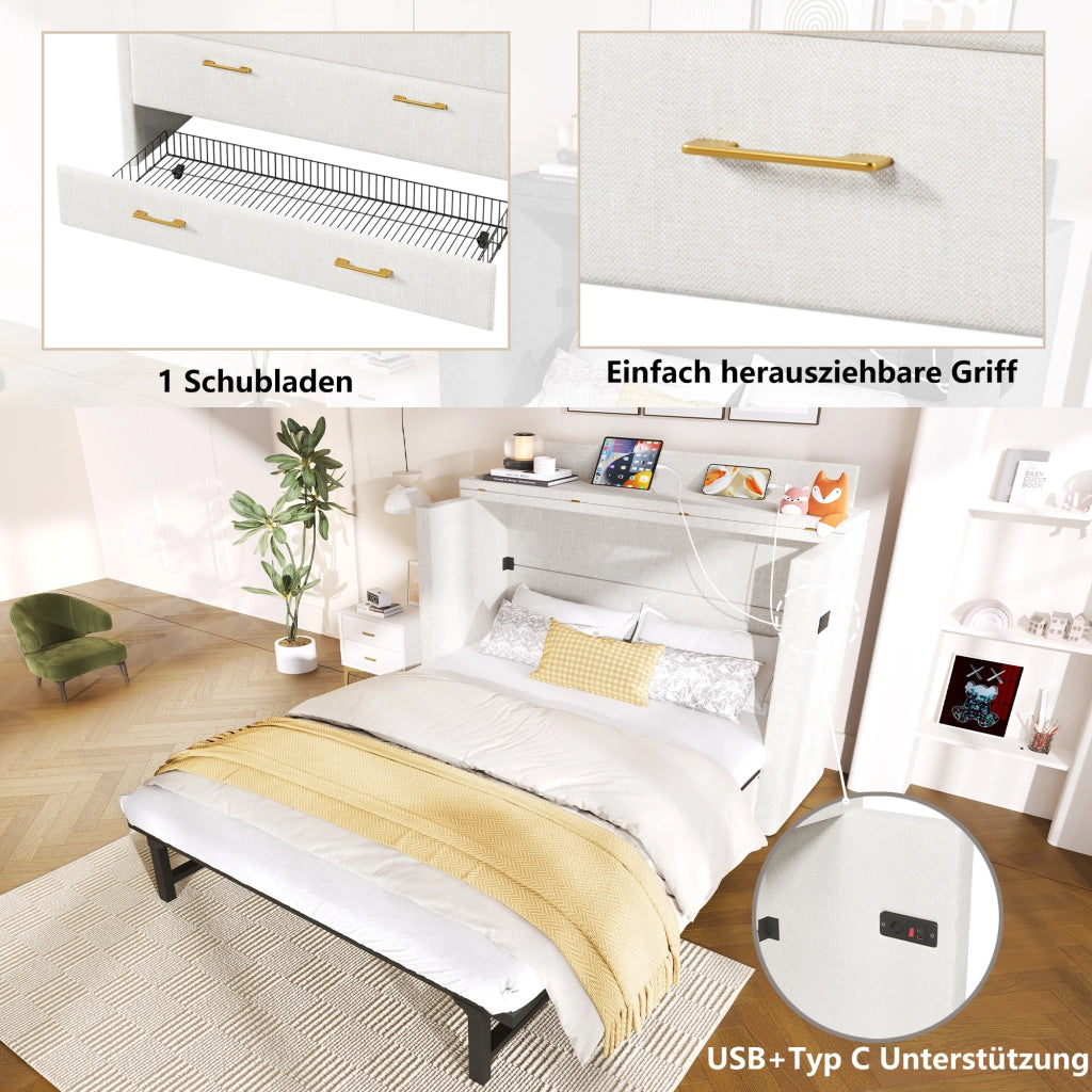 Letto salvaspazio matrimoniale 140×200 cm con cassetto; USB e Type-C; senza materasso; lino; beige