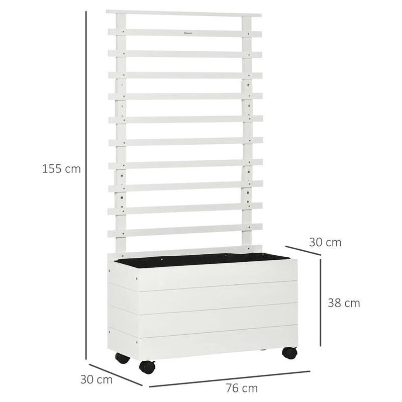 FIORIERA VERTICALE CON 4 RUOTE E TRALICCIO PER PIANTE RAMPICANTI IN LEGNO, 76X30X155CM, BIANCO