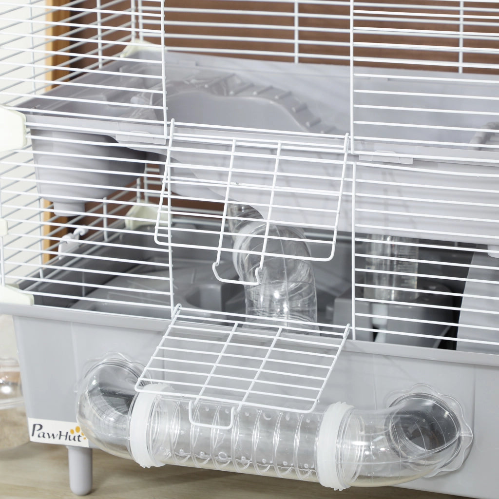 Gabbia per Criceti a 2 Livelli 44,5x28x44 cm 3 Porte Ruota e Tubi in Acciaio Grigio e Bianco