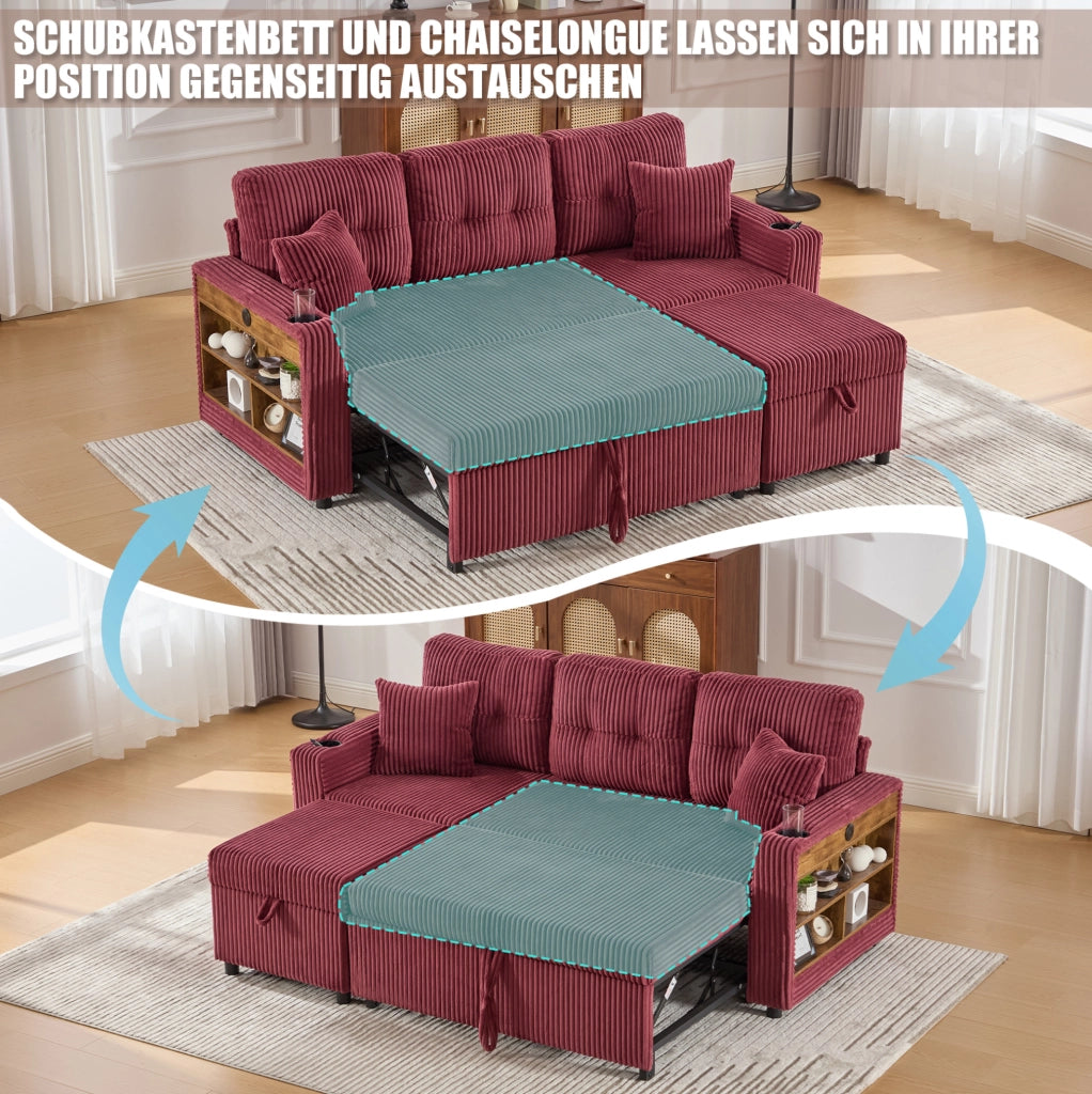 Divano letto in corduroy con contenitore; USB-C e LED; 196 cm; rosso vino