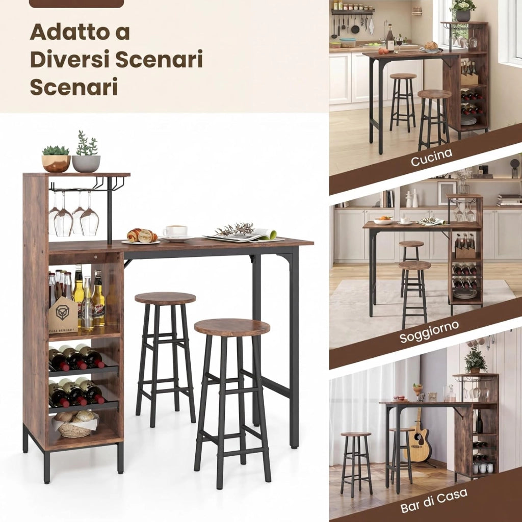 Set 3 Pezzi Tavolo e Sedie da Bar, Tavolo e Sgabelli da Pub Industriale con Porta Calici e 6 Portabottiglie da Vino, Set di Tavolo per Sala da Pranzo, Ristorante e Bar (Caffè)