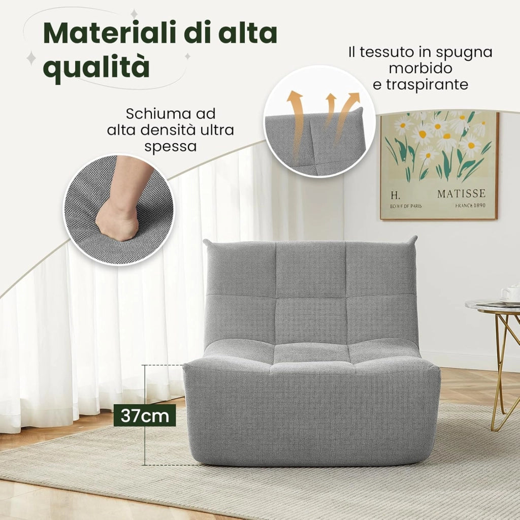 Poltrona Imbottita da Terra, Pouf Poltrona con Schienale, Sfoderabile, per Soggiorno, Camera da Letto, Balcone, 98x84x73 cm, in Spugna, Grigio, 0034XXY