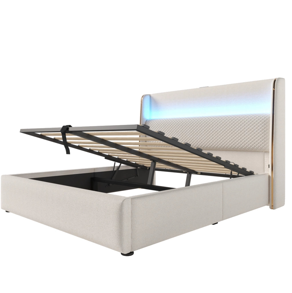 Letto 160x200 cm con contenitore; LED e prese USB/Type-C in lino beige