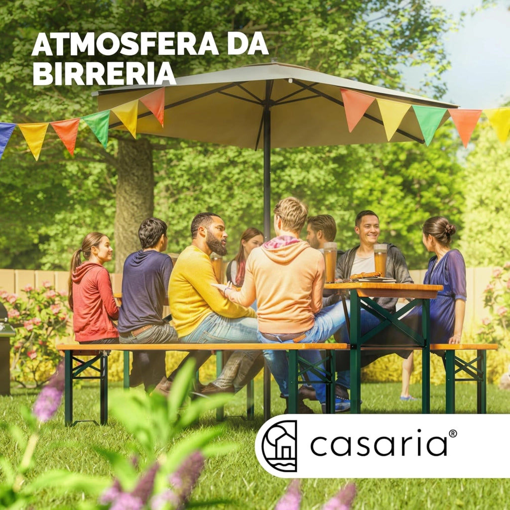 Set da Birreria Pieghevole 170cm Tavolo (170x46x75cm) con Foro Ombrellone 2x Panche in Legno (170x23x46cm) Party Sagra Festa Evento Giardino