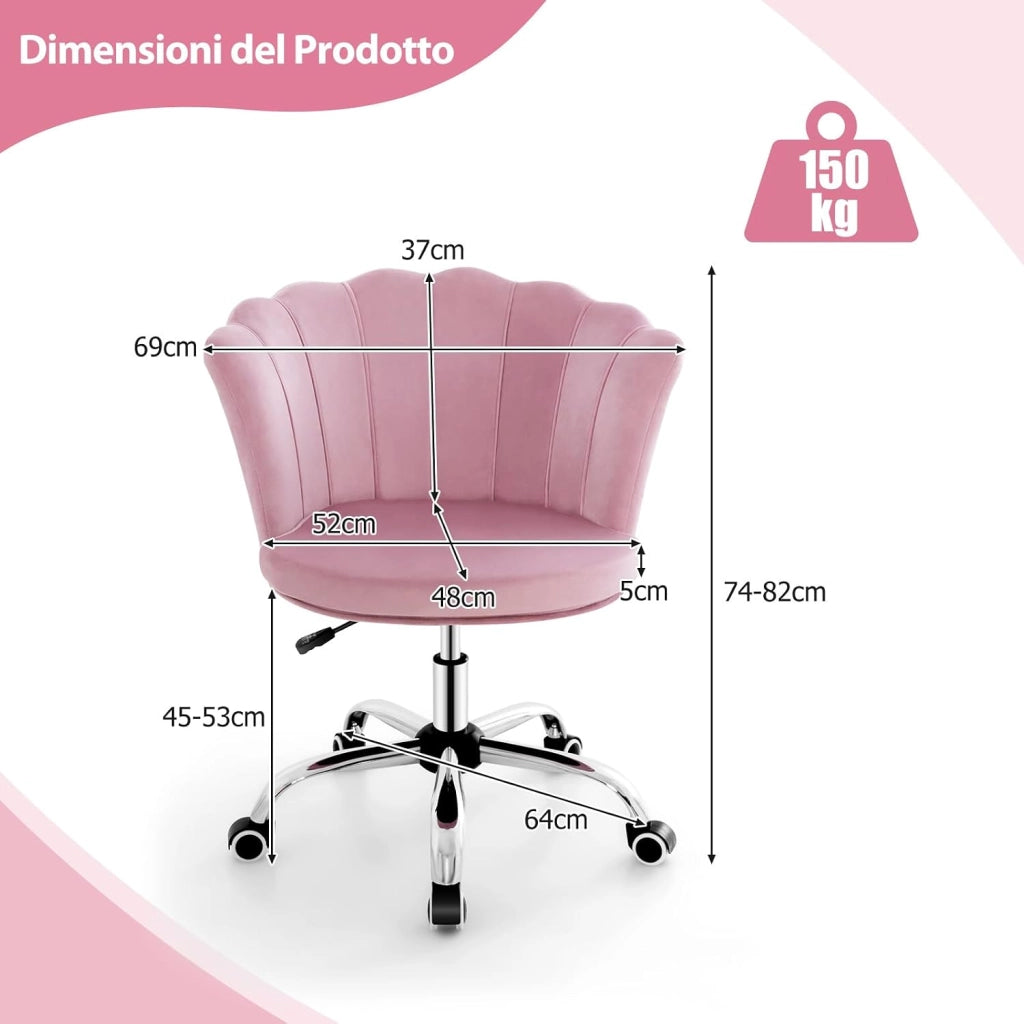Sedia da Scrivania in Velluto, Poltrona Girevole con Altezza Regolabile, con Schienale a Forma di Petalo e Ruote, per Casa Ufficio, Carico Massimo 150 kg (Rosa)