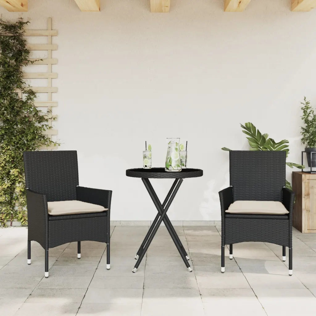Set da BistrÃ² 3 pz con Cuscini Nero Polyrattan e Vetro