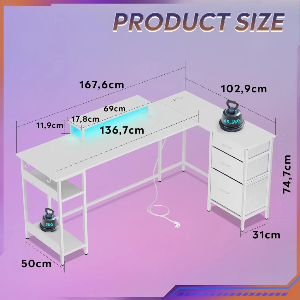 Scrivania angolare L ¨C zephmum ¨C 168x103 cm, bianco, con cassetti, presa e USB